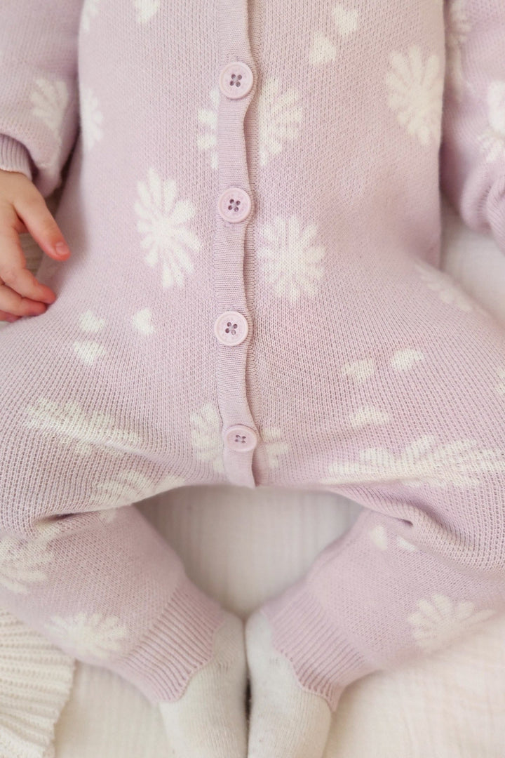 baby girls lilac knitted blossom print long sleeve louie romper