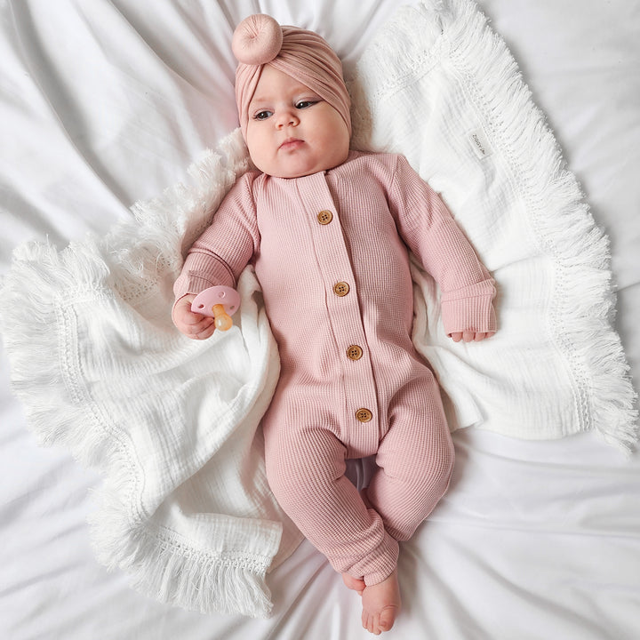 Long Sleeve Waffle Louie Romper - Antique Rose