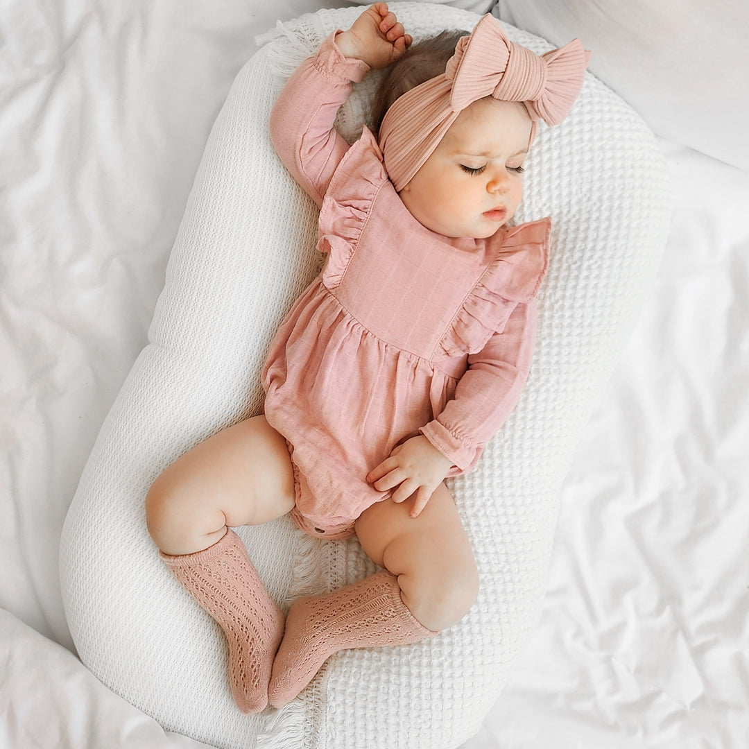 baby girl rosewood long sleeve muslin romper with frill