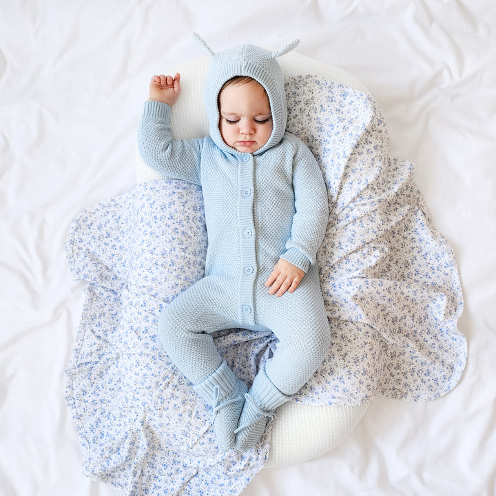 blue baby kids knitted romper with hood