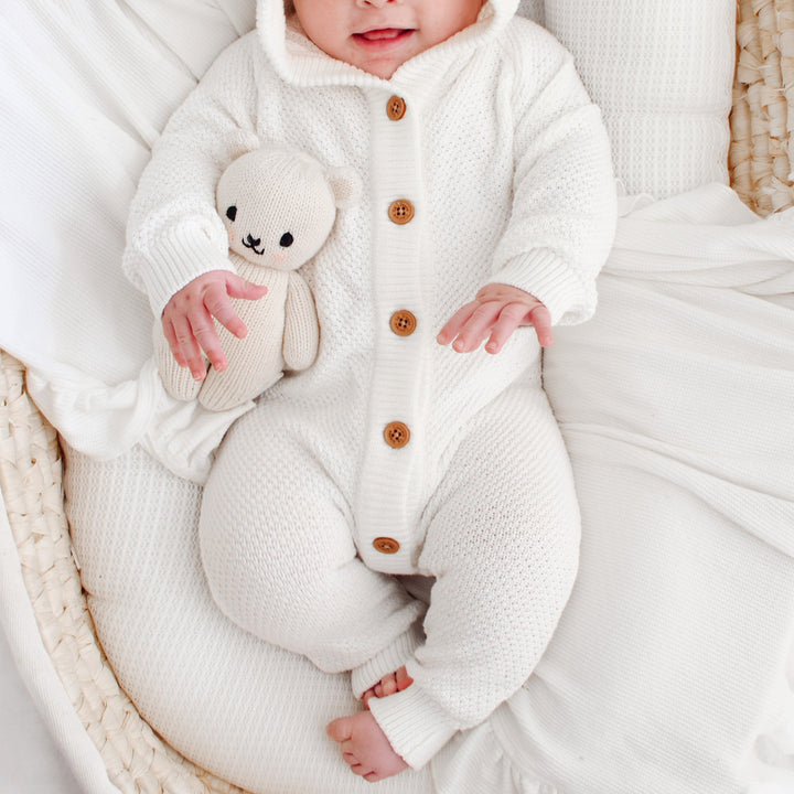 White long sleeve baby romper with hood