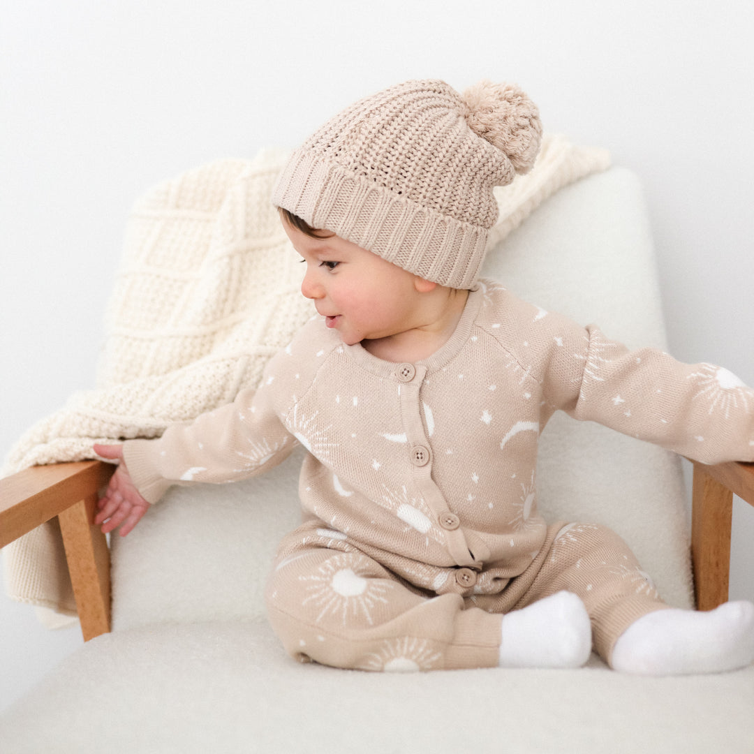 baby oat moon & sun print knitted long sleeve romper