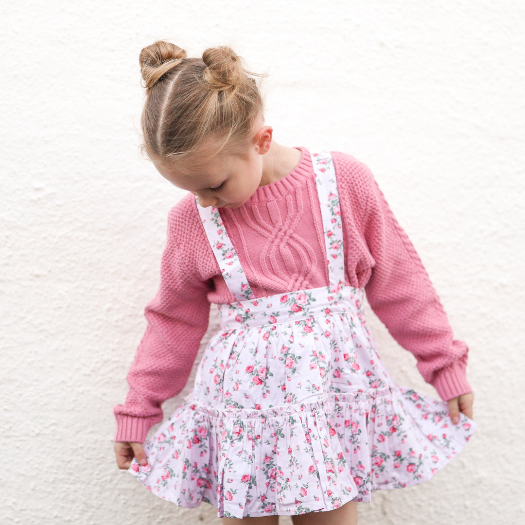 Girls floral skirt with suspenders & bow