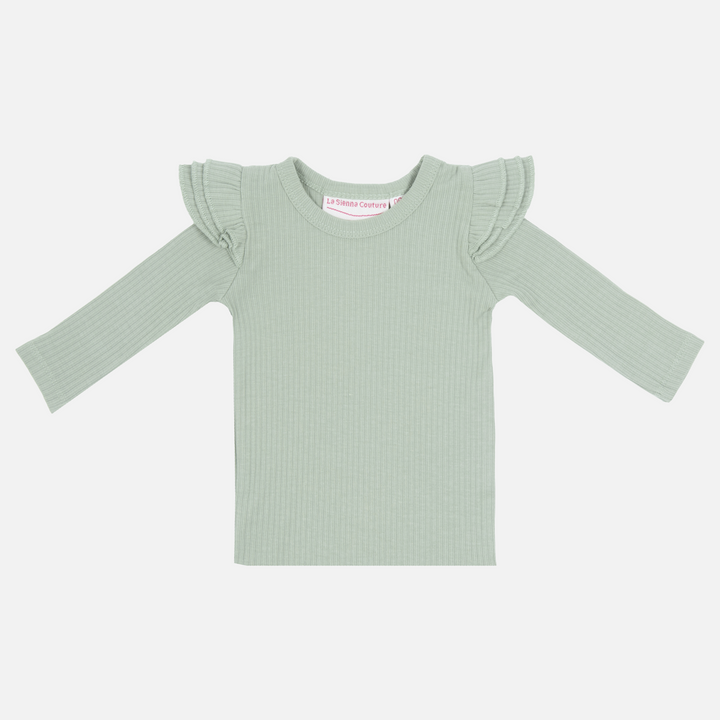 Baby girls basil green ribbed long sleeve top with flutter