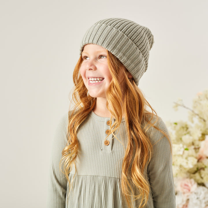 girls long sleeve basil green ribbed dress