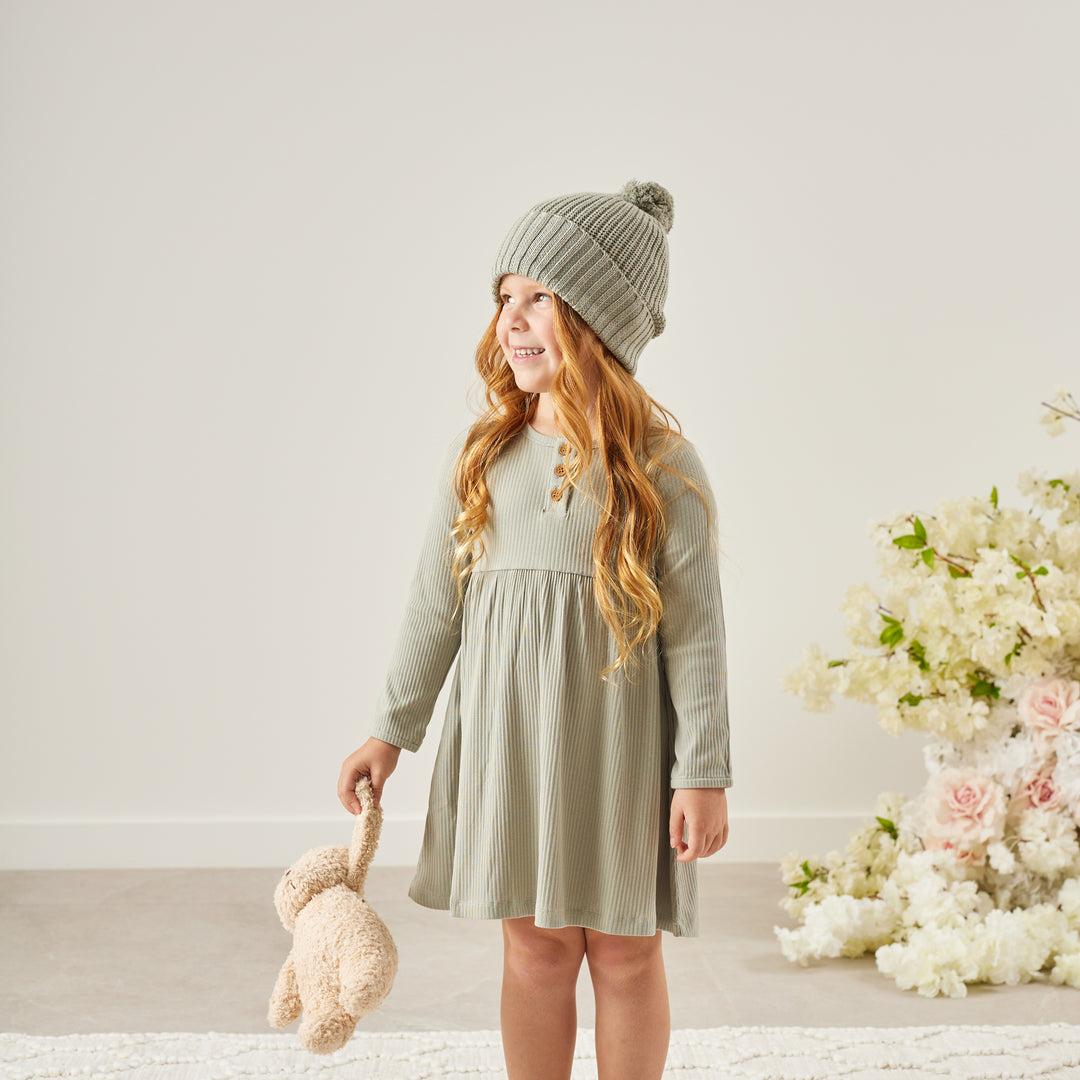 girls long sleeve basil green ribbed dress