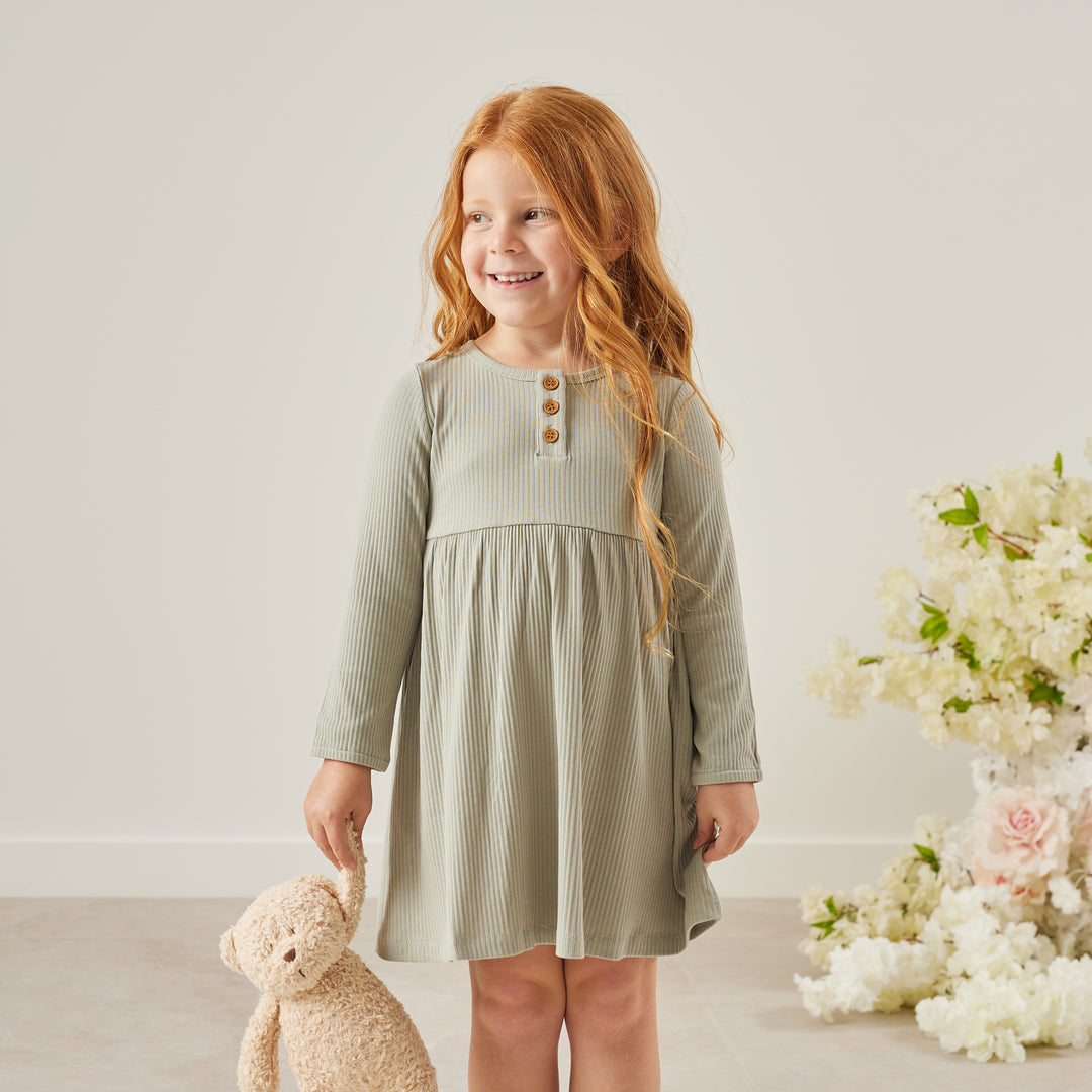 girls long sleeve basil green ribbed dress