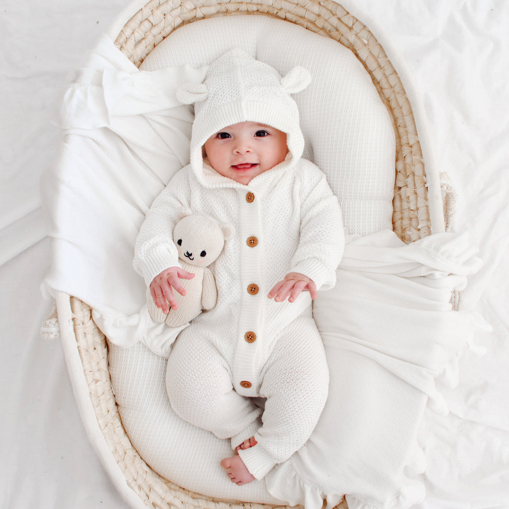 White long sleeve baby romper with hood