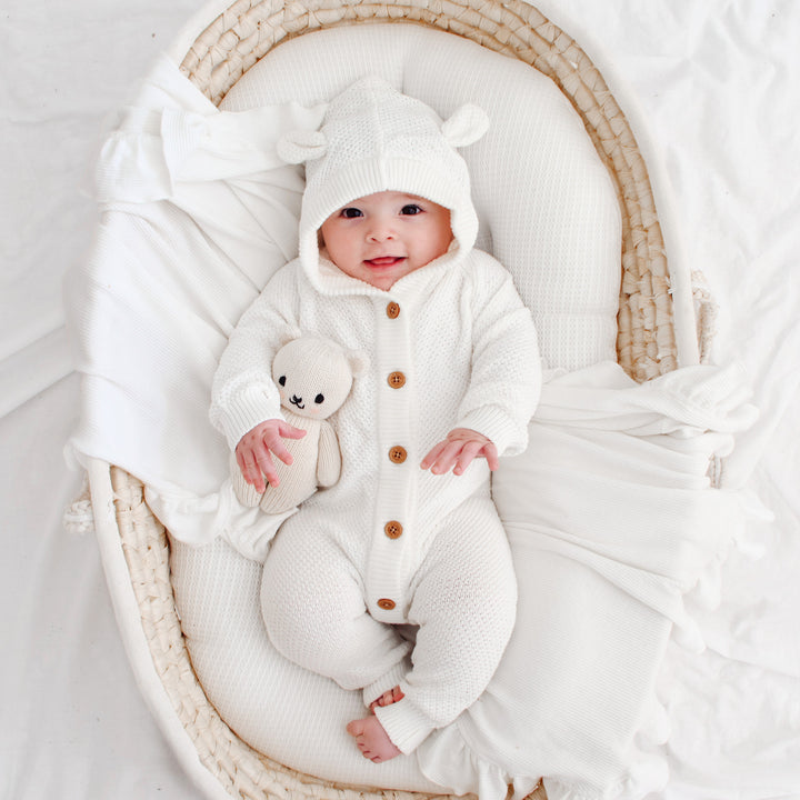 White long sleeve baby romper with hood