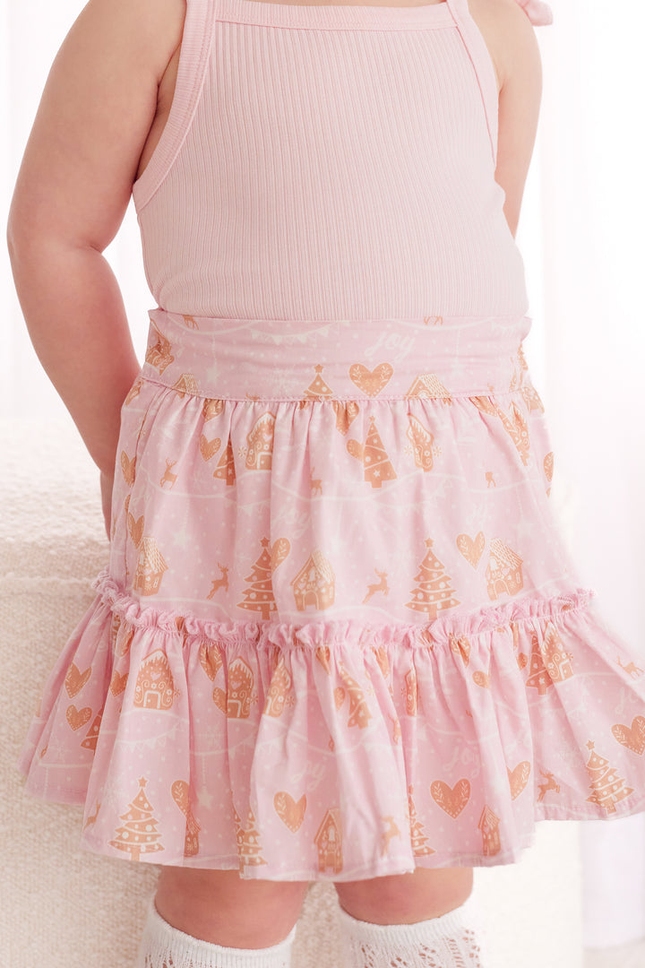 Ruffle Suspender Skirt - Pink Christmas Village