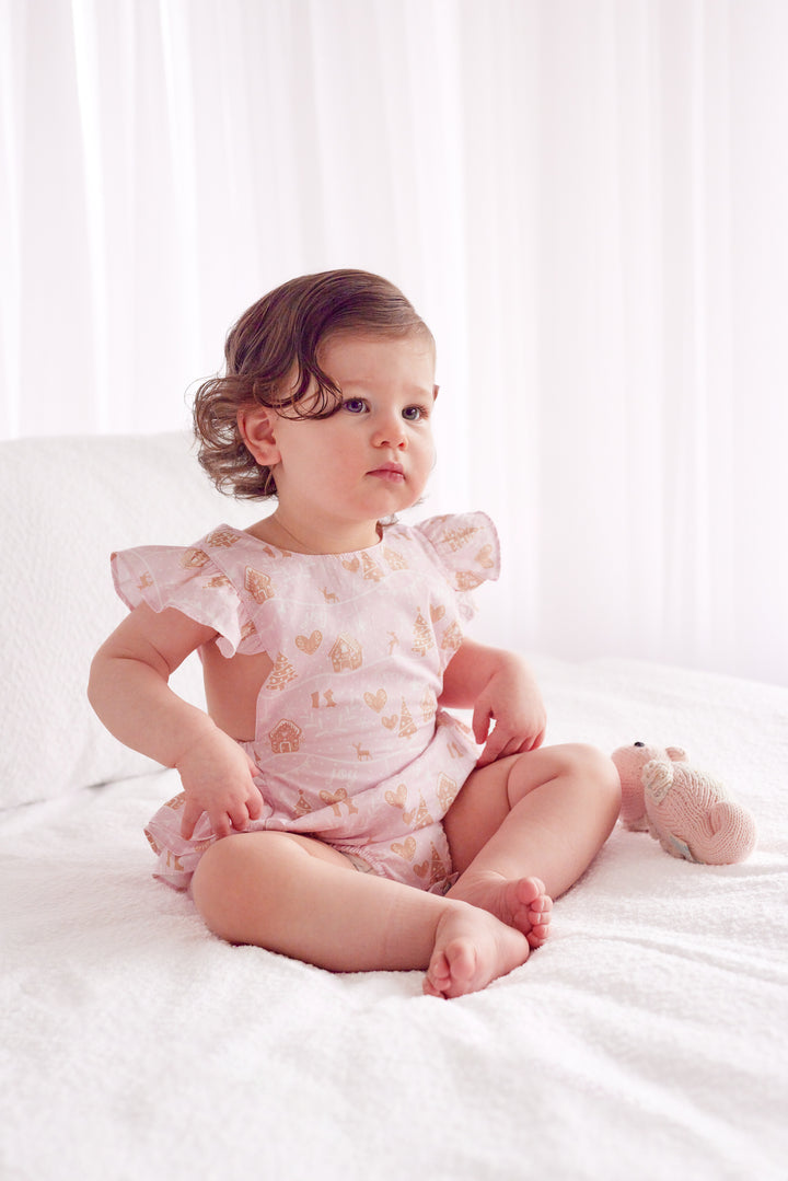 Ruffle Sunsuit - Pink Christmas Village