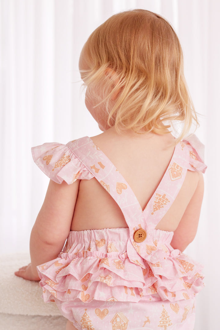 Ruffle Sunsuit - Pink Christmas Village