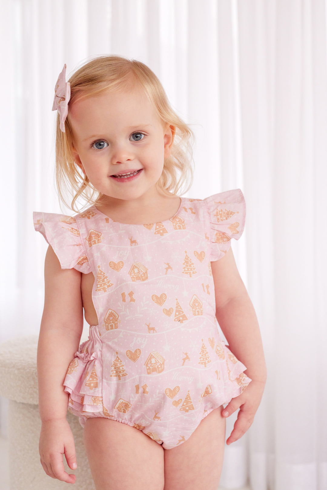 Ruffle Sunsuit - Pink Christmas Village