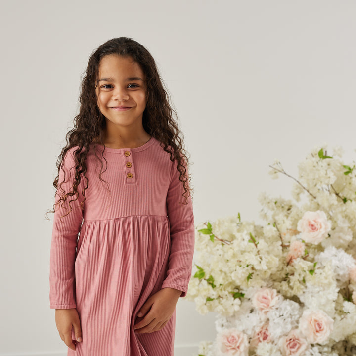 Girls long sleeve cinder-rose ribbed dress