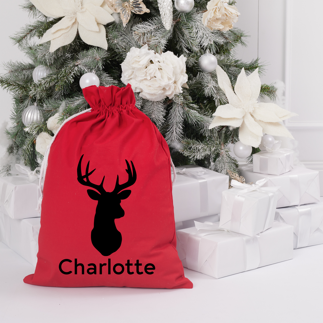 Red Santa Sack - Deer - Custom Name