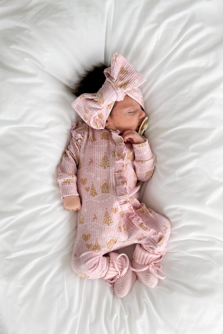 Cozy LS Frilly Zip Romper - Pink Christmas Village