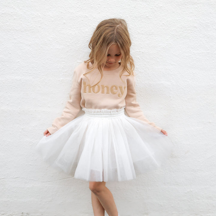 kids unisex oatmeal jumper with honey text