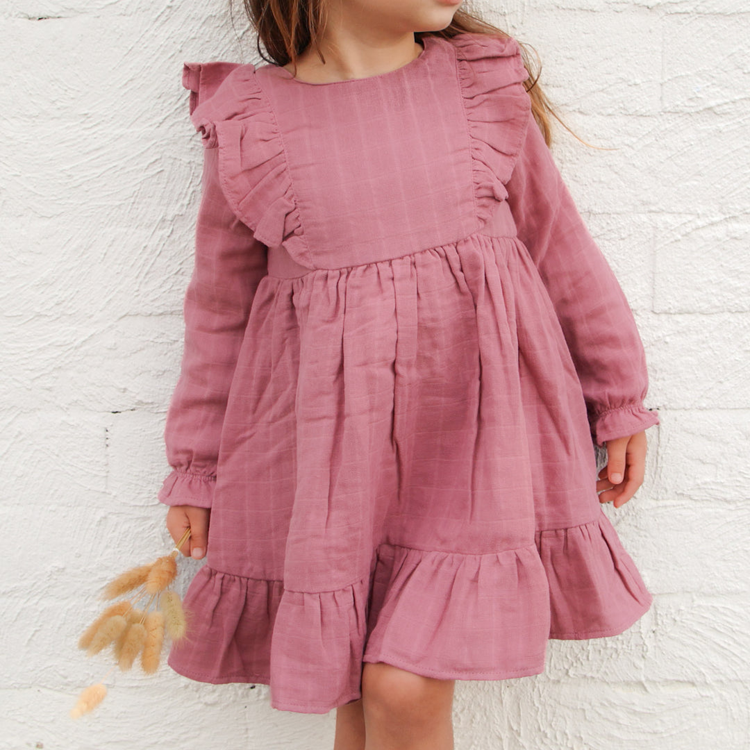 girl mauve long sleeve dress with frill