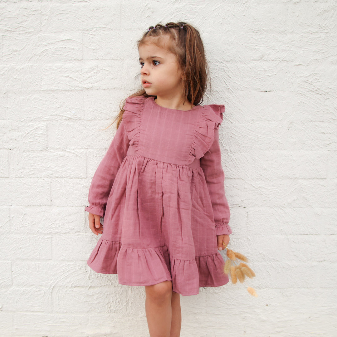 girl mauve long sleeve dress with frill