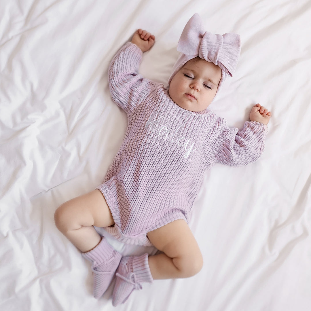 baby girls personalised embroidered lilac knitted long sleeve romper