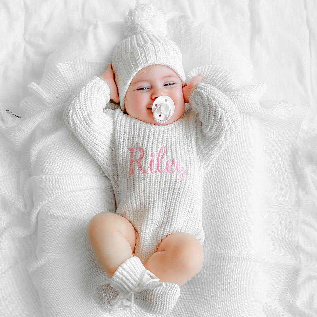 baby personalised embroidered white knitted long sleeve romper