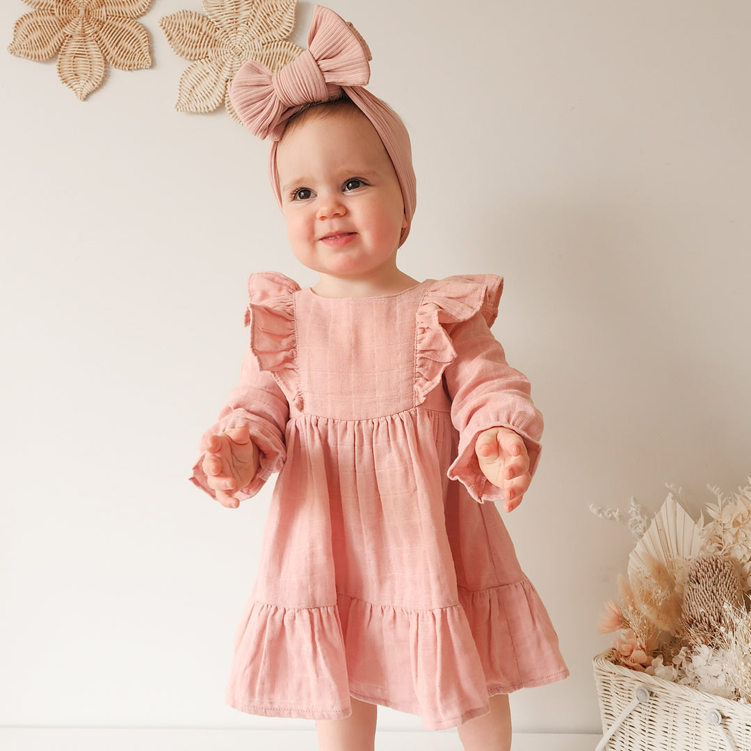 baby girl rosewood long sleeve muslin dress with frill