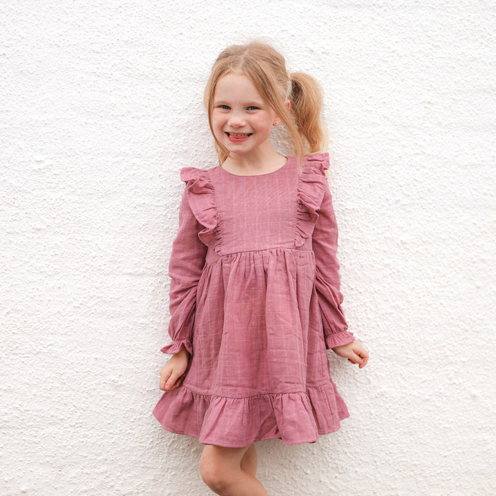 girl mauve long sleeve dress with frill