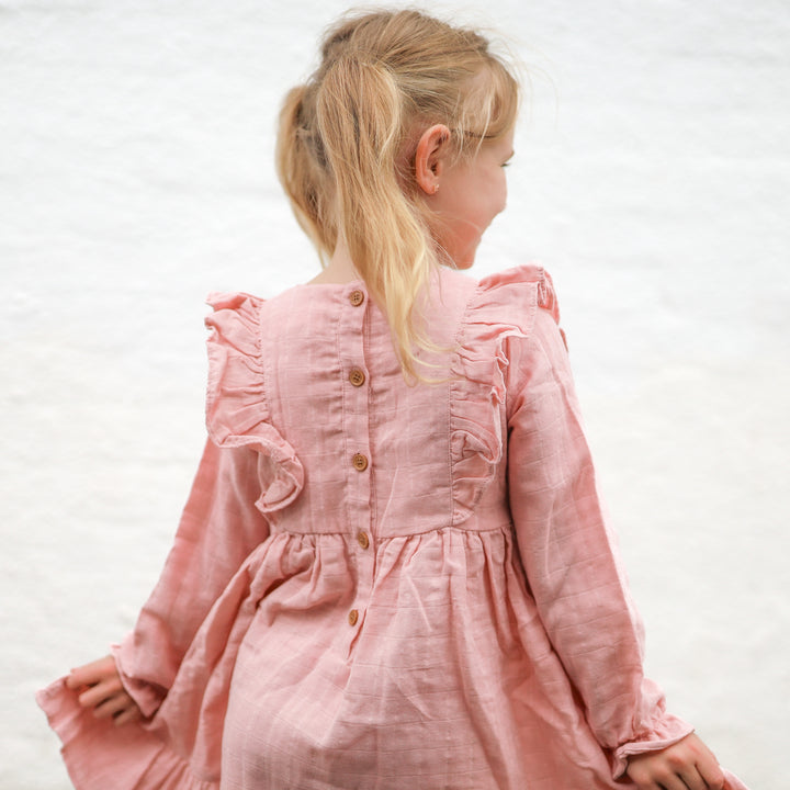 girl rosewood long sleeve muslin dress with frill