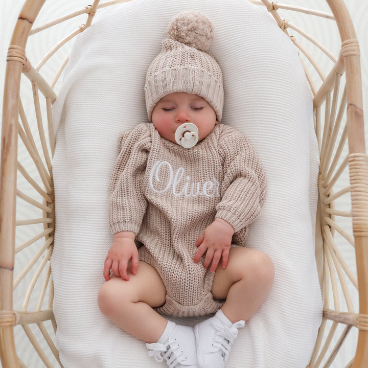 baby personalised embroidered oat knitted long sleeve romper