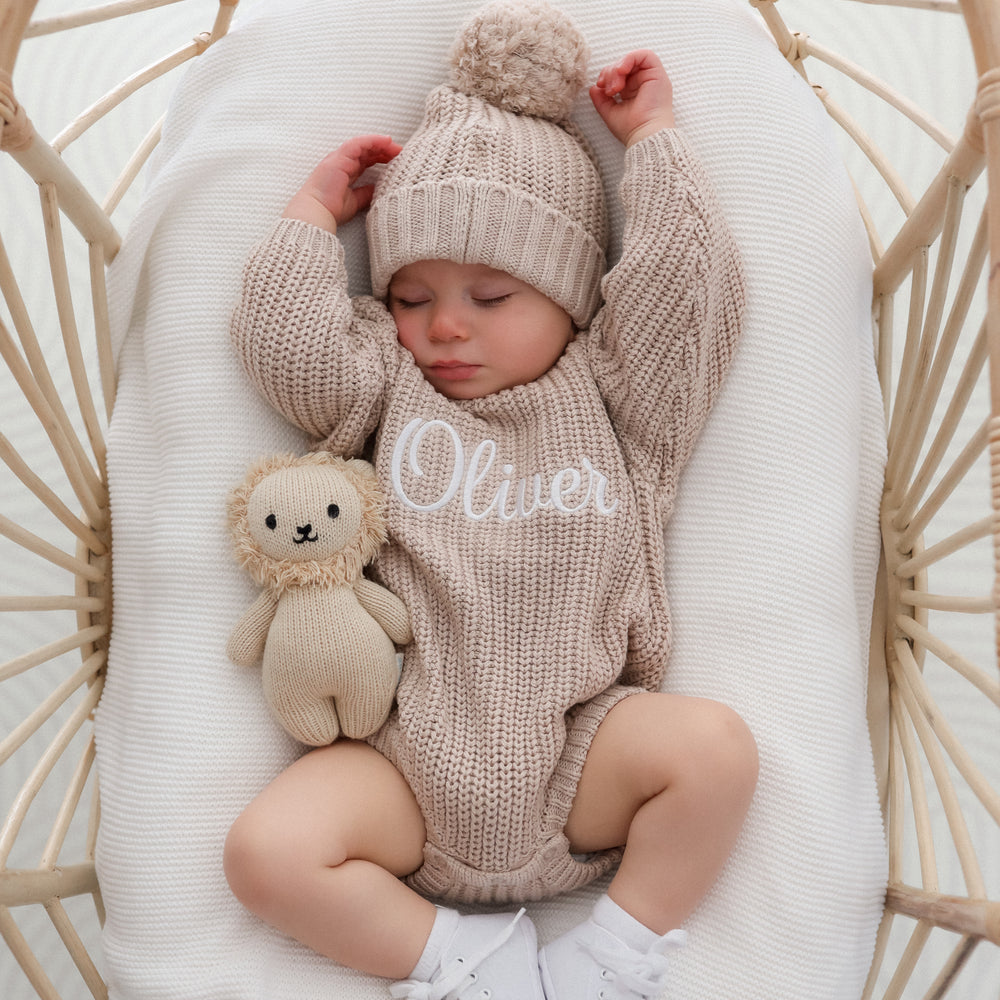 baby personalised embroidered oat knitted long sleeve romper