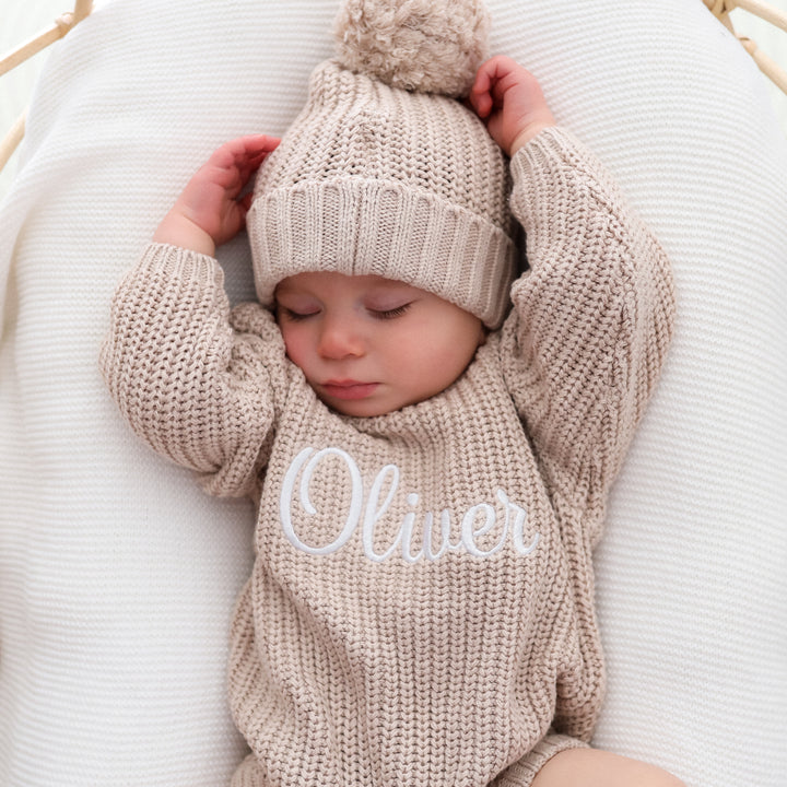 baby personalised embroidered oat knitted long sleeve romper