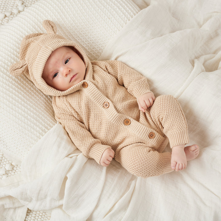 Bear Knitted Romper - Oatmeal