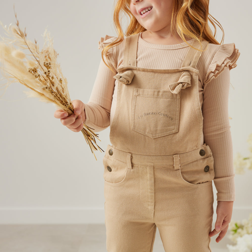 Toddler girls oatmeal overalls