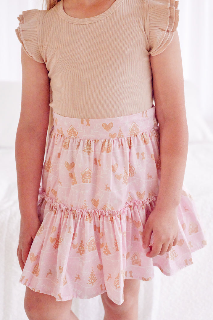 Ruffle Suspender Skirt - Pink Christmas Village