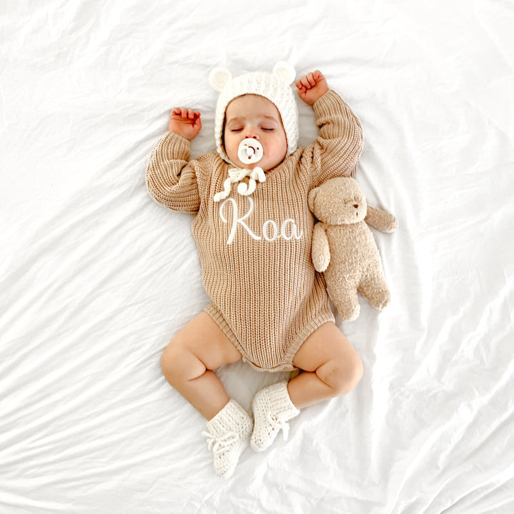 baby personalised embroidered oat knitted long sleeve romper