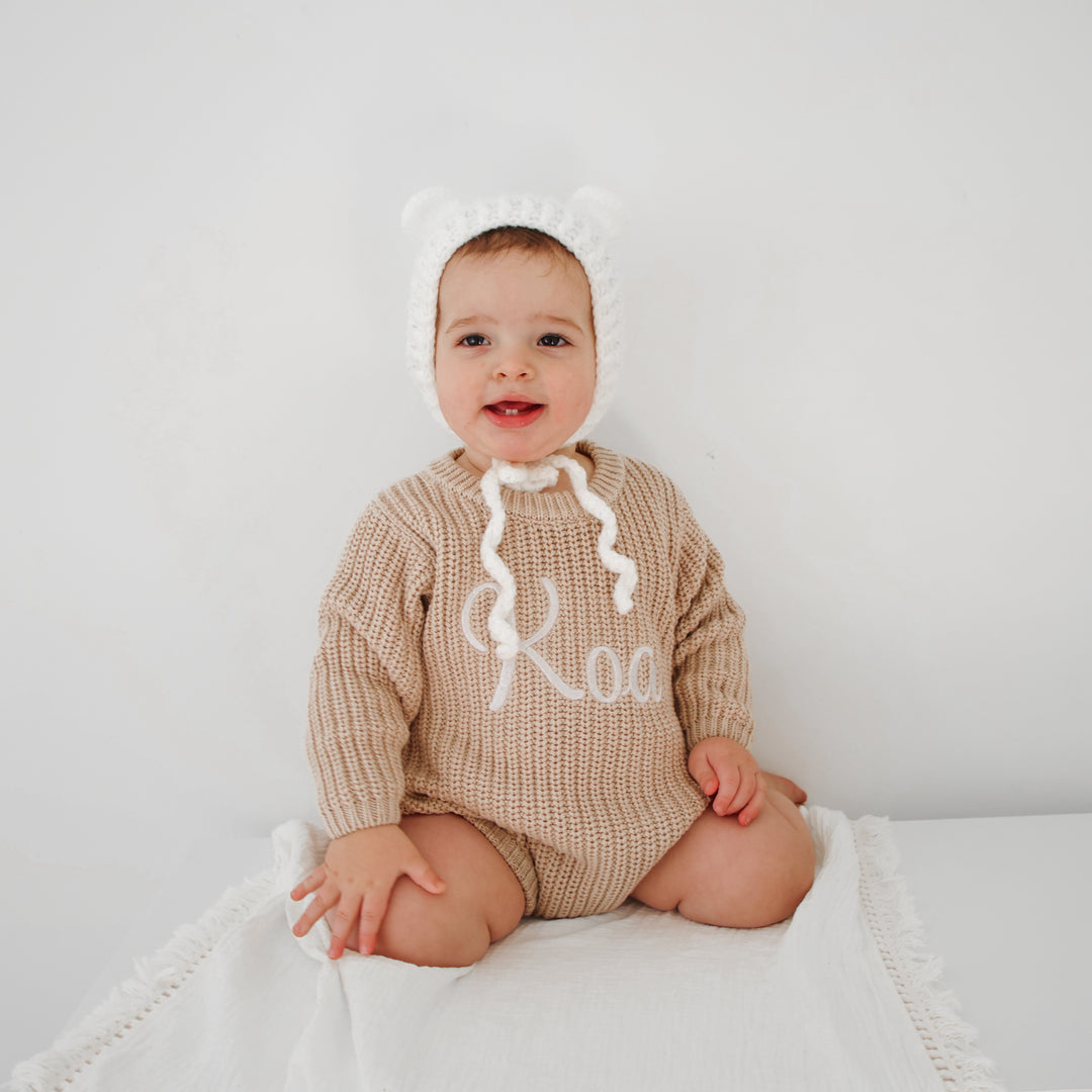 baby personalised embroidered oat knitted long sleeve romper