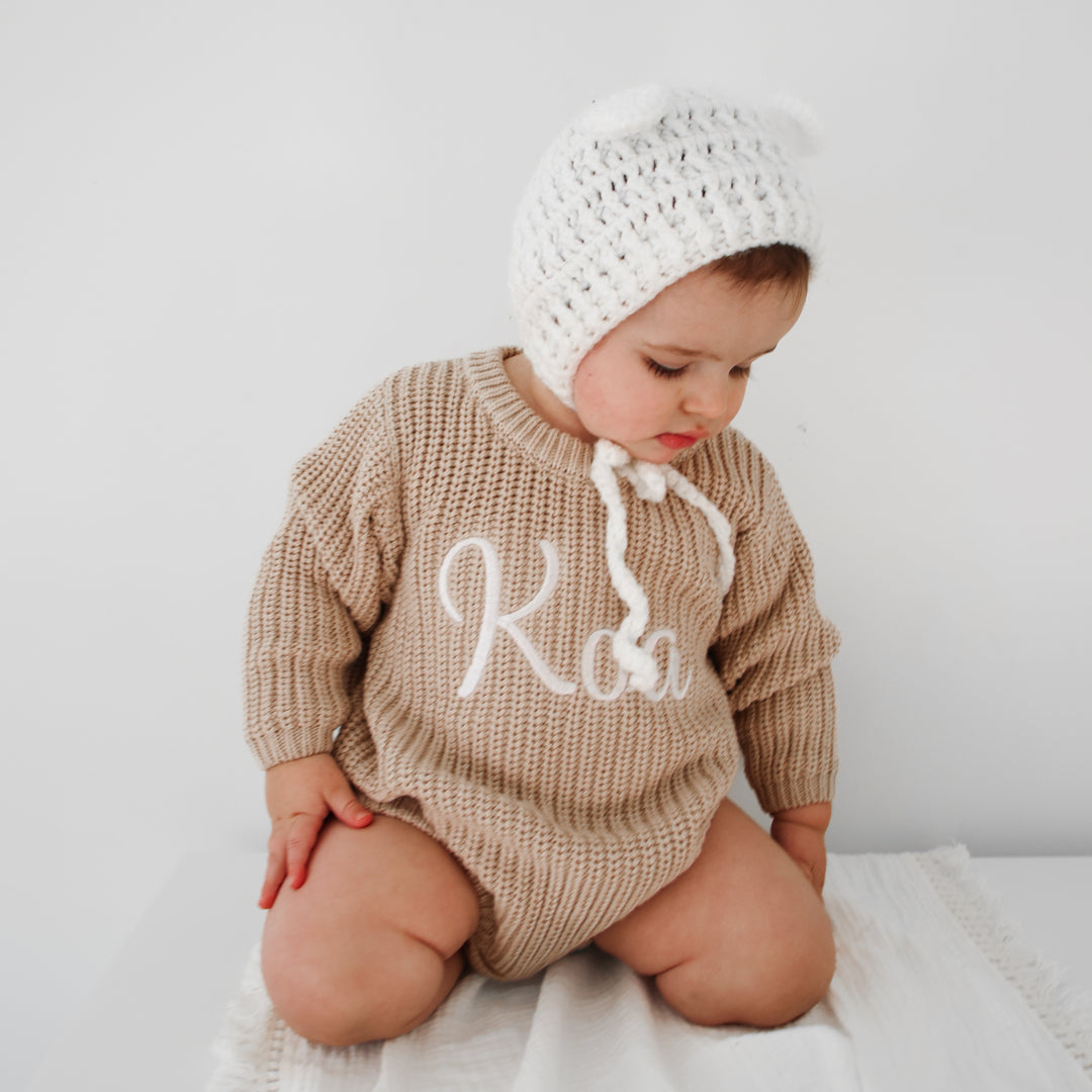 baby personalised embroidered oat knitted long sleeve romper