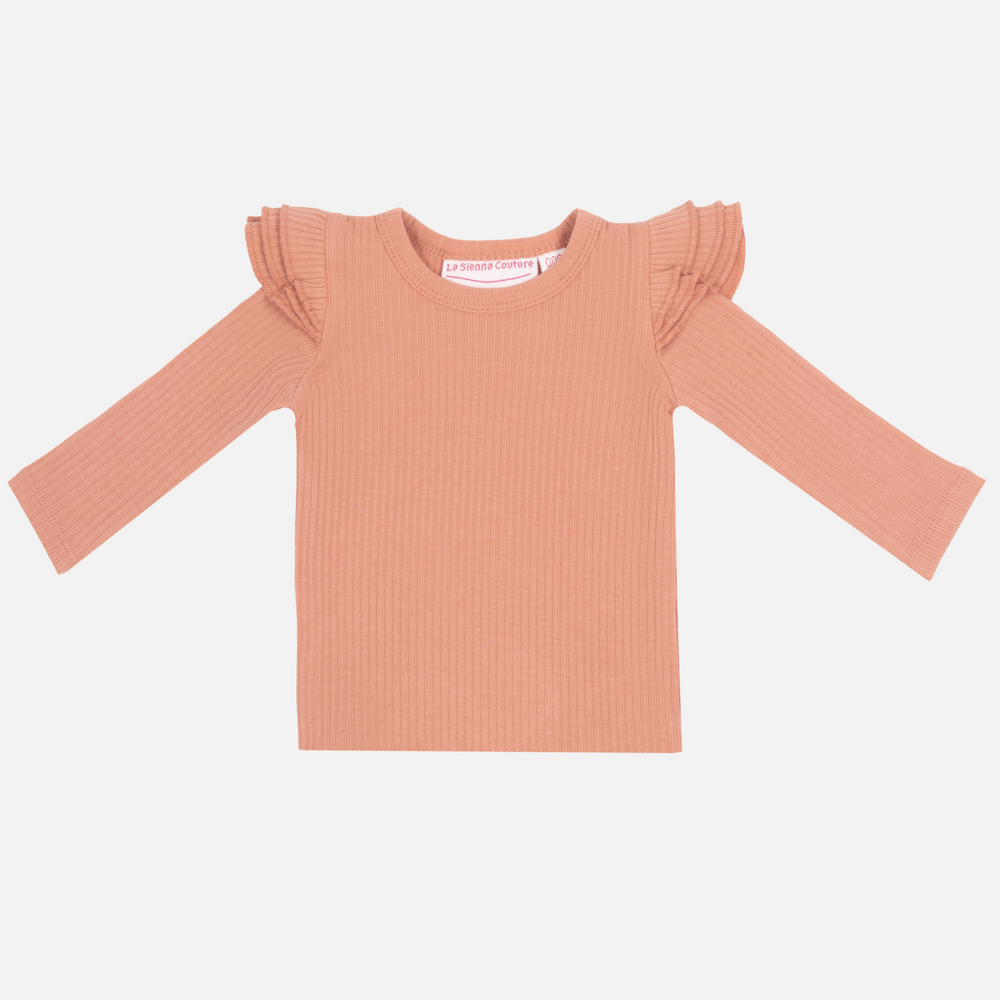 girls peach parfait ribbed long sleeve top with flutter