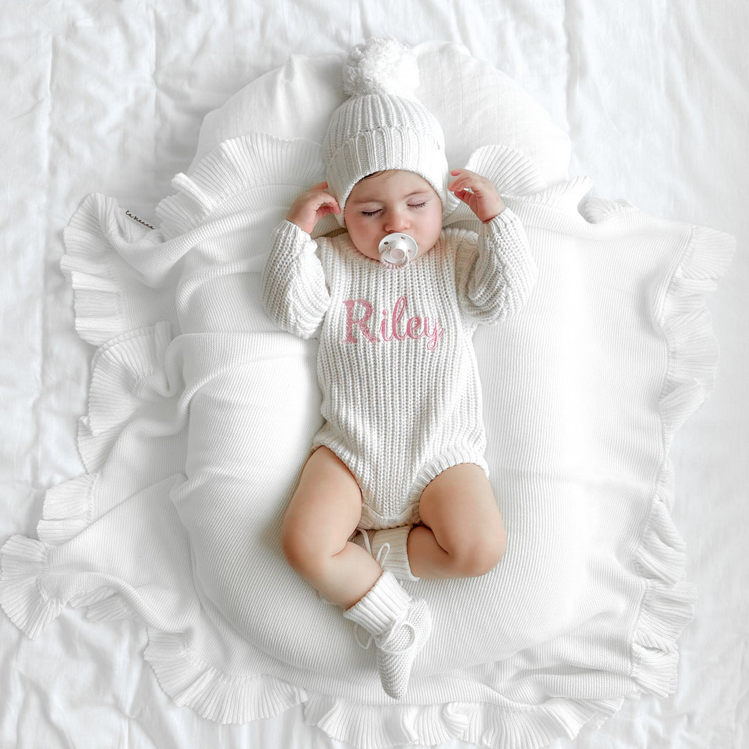 baby personalised embroidered white knitted long sleeve romper