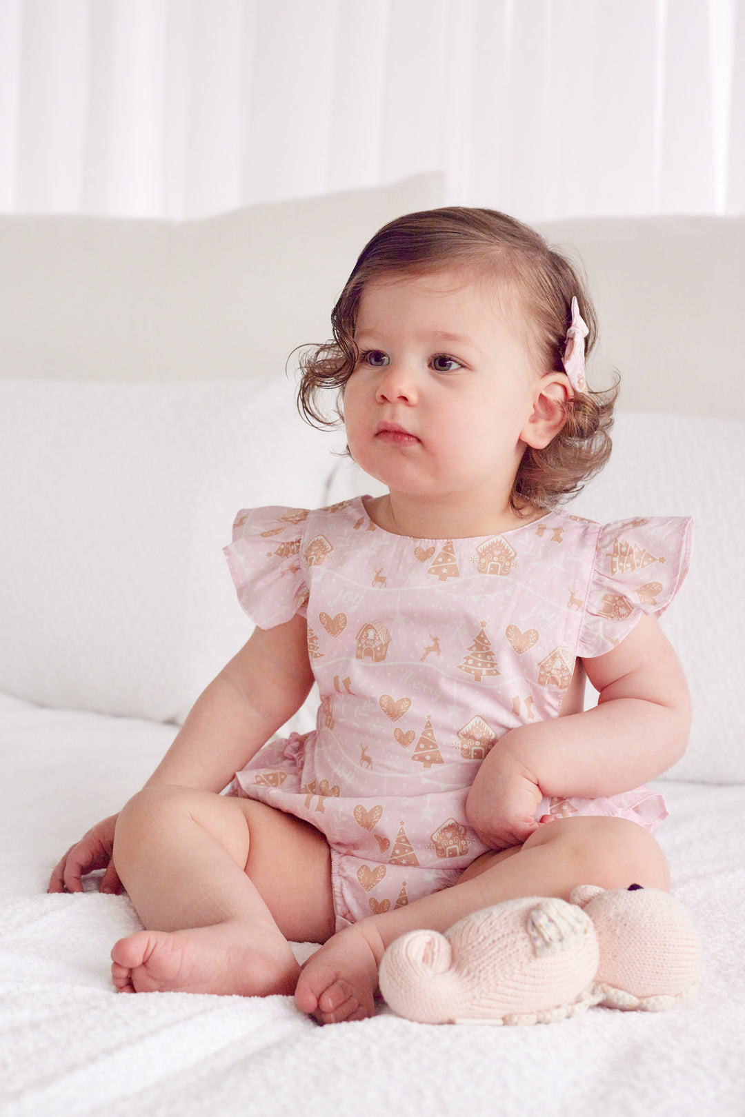 Ruffle Sunsuit - Pink Christmas Village