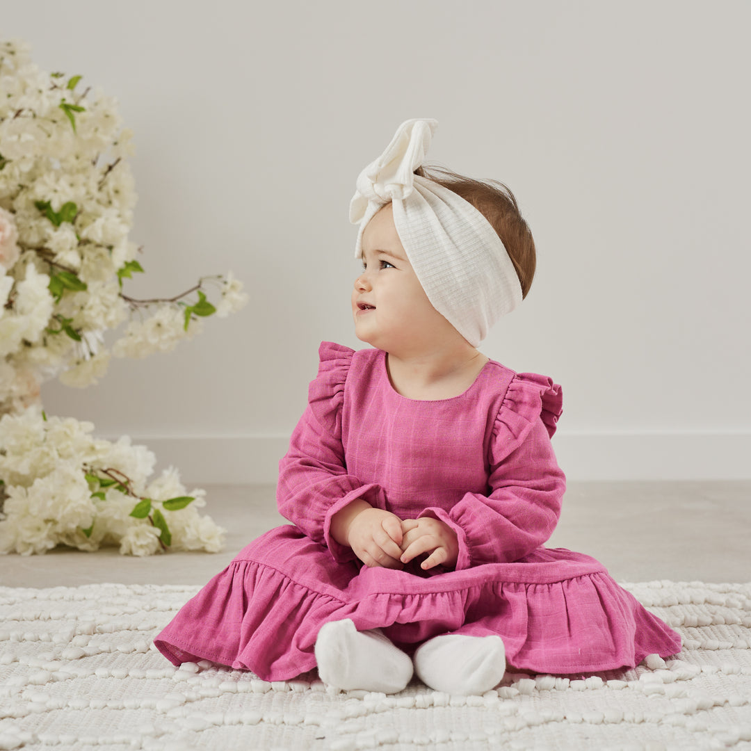 baby girl birthday raspberry long sleeve muslin dress with ruffle on shoulder