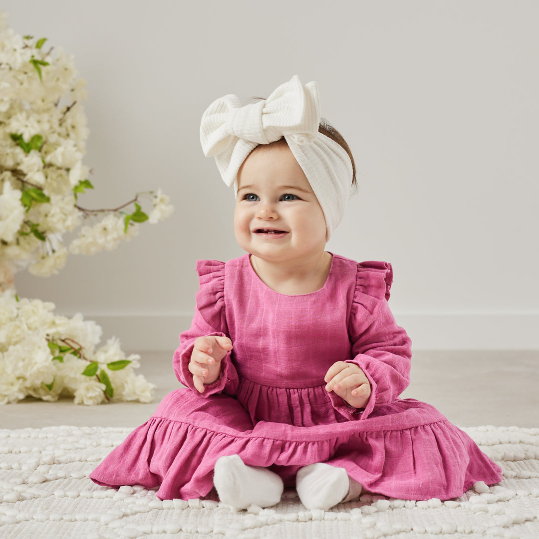 baby girl birthday raspberry long sleeve muslin dress with ruffle on shoulder