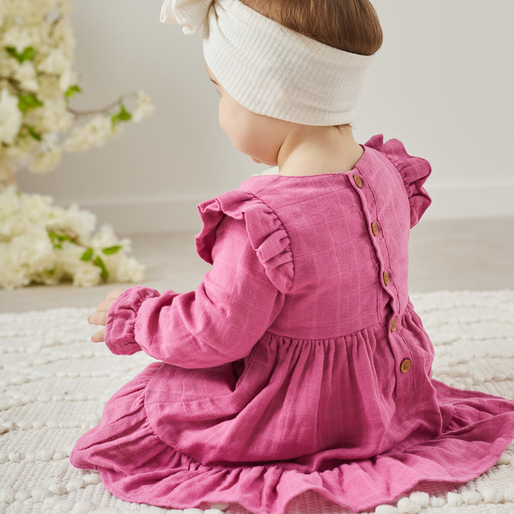 baby girl birthday raspberry long sleeve muslin dress with ruffle on shoulder