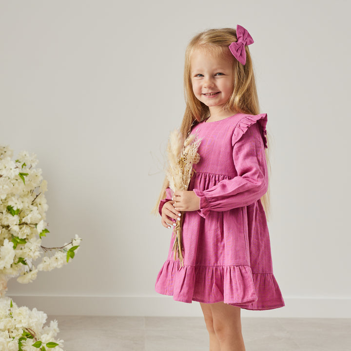 baby girl birthday raspberry long sleeve muslin dress with ruffle on shoulder