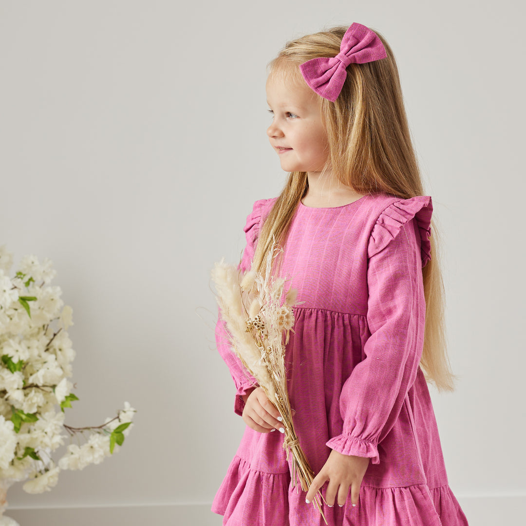 baby girl birthday raspberry long sleeve muslin dress with ruffle on shoulder