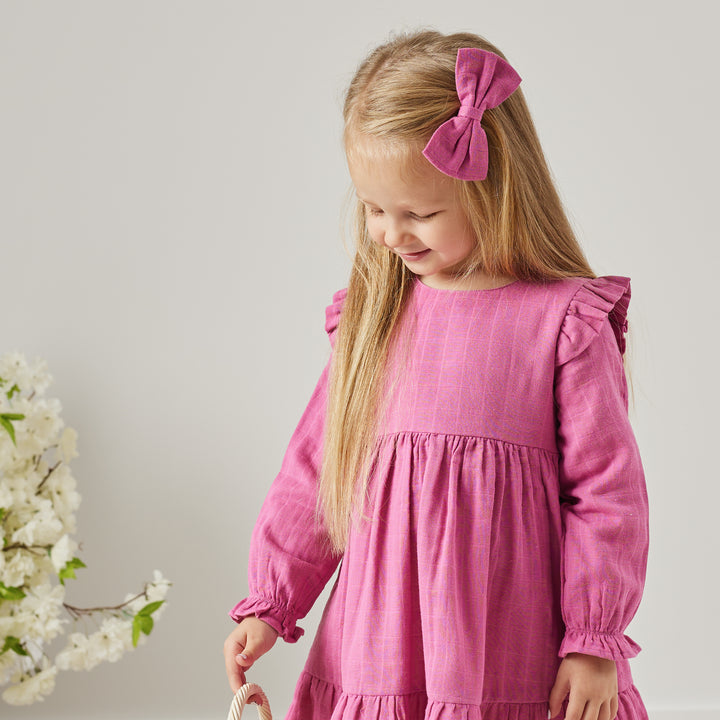 girl birthday raspberry long sleeve muslin dress with ruffle on shoulder