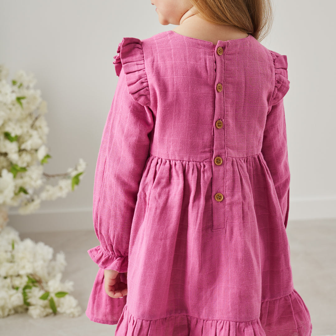 baby girl birthday raspberry long sleeve muslin dress with ruffle on shoulder