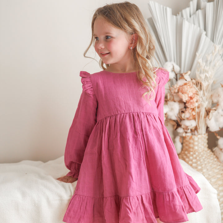 baby girl birthday raspberry long sleeve muslin dress with ruffle on shoulder