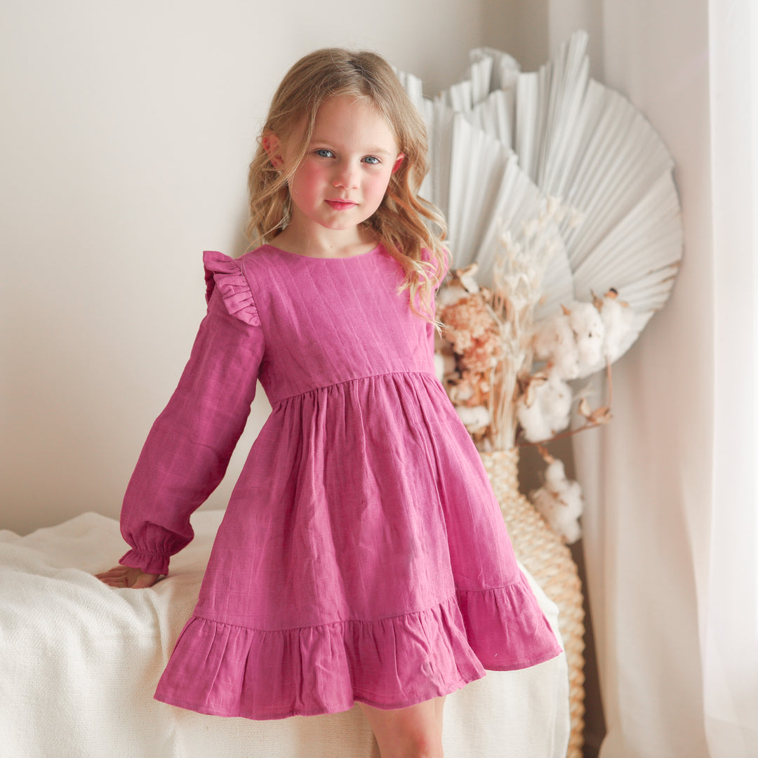 baby girl birthday raspberry long sleeve muslin dress with ruffle on shoulder