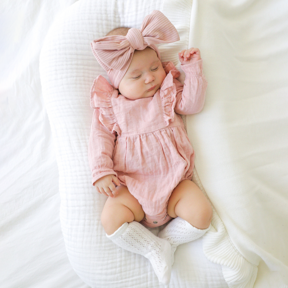 baby girl rosewood long sleeve muslin romper with frill